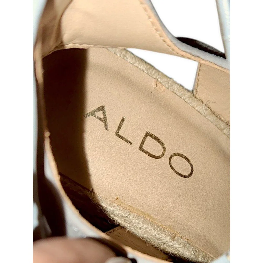 ALDO Terisa Wedge Light Blue Leather Wood Heel Boho Lace Up Sandal Sz 6.5